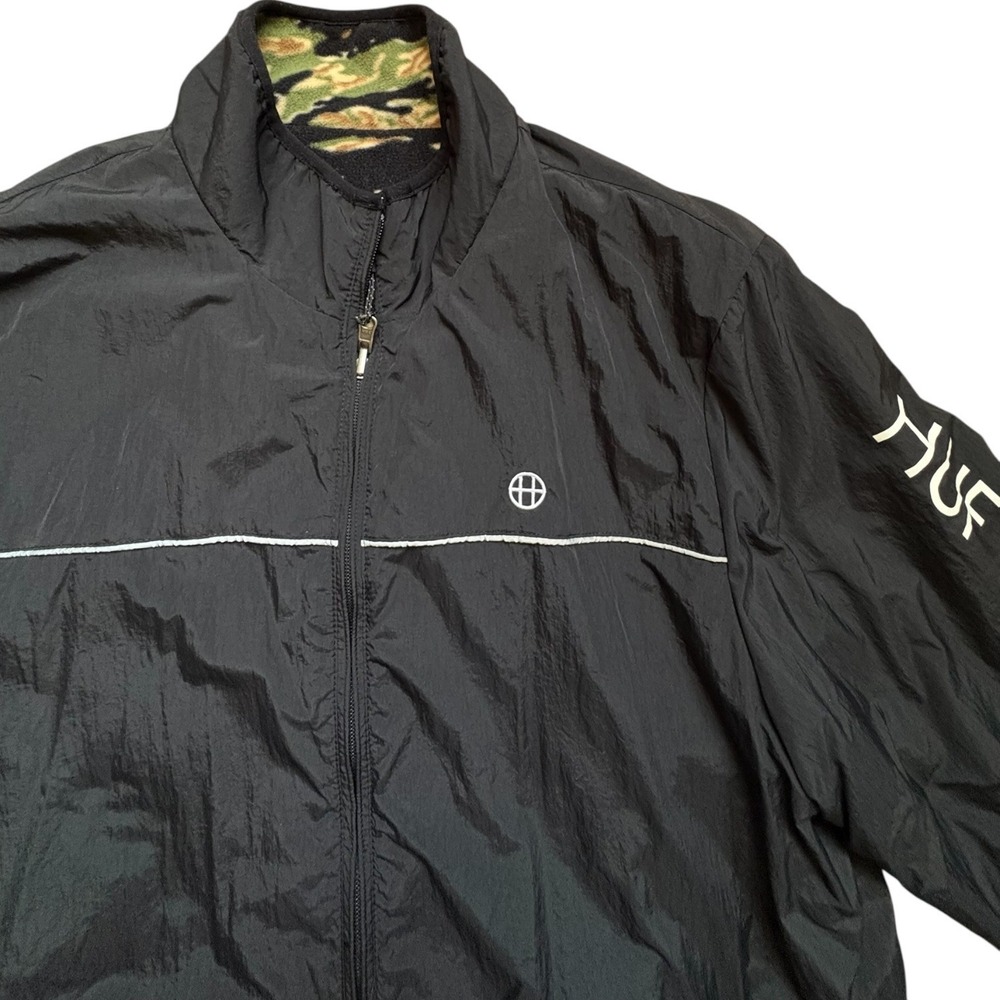 HUF Worldwide Reversible Jacket Mens Large Tiger Camo Polar Fleece Black‎ Shell - Picture 8 of 8